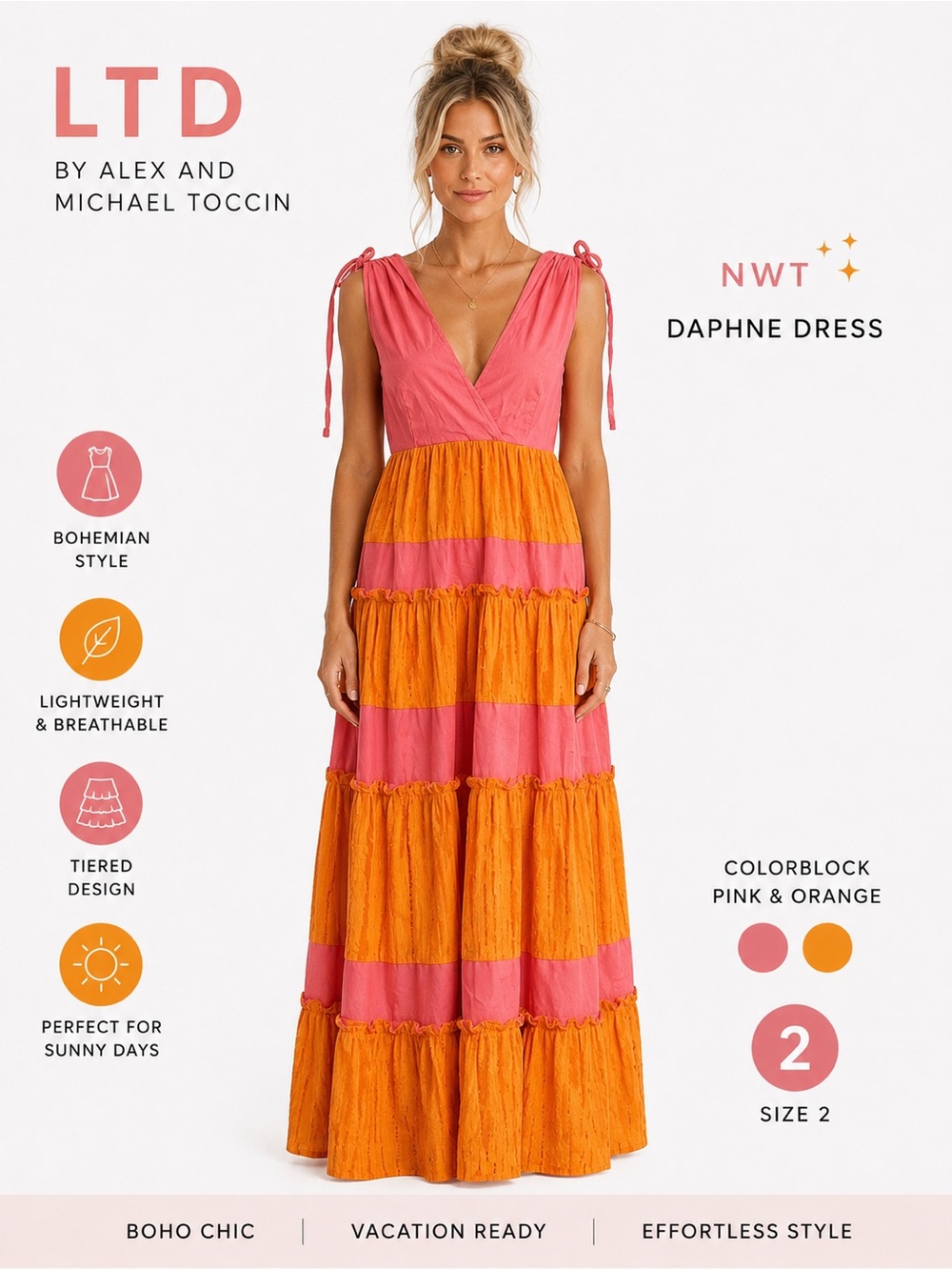 NWT LTD Daphne Dress midi pink orange tiered bohemian Colorblock pockets